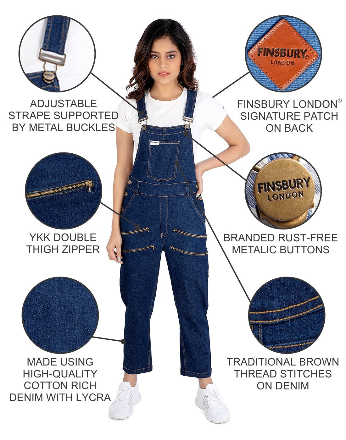 NaughtyDungaree® Womens Denim Dungaree with Mock Zippers on Thigh