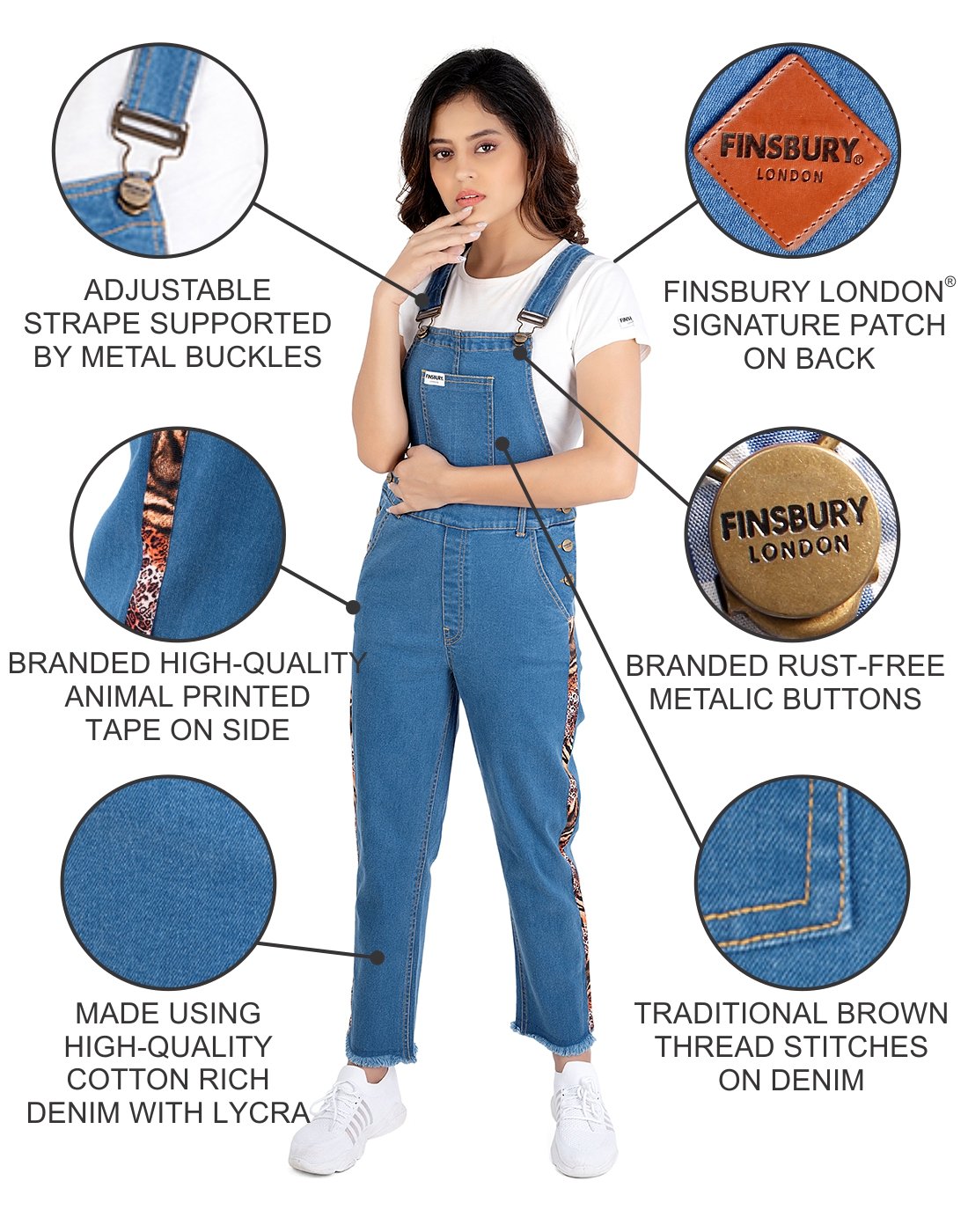 NaughtyDungaree® Womens Denim Dungaree with Animal Printed Tape