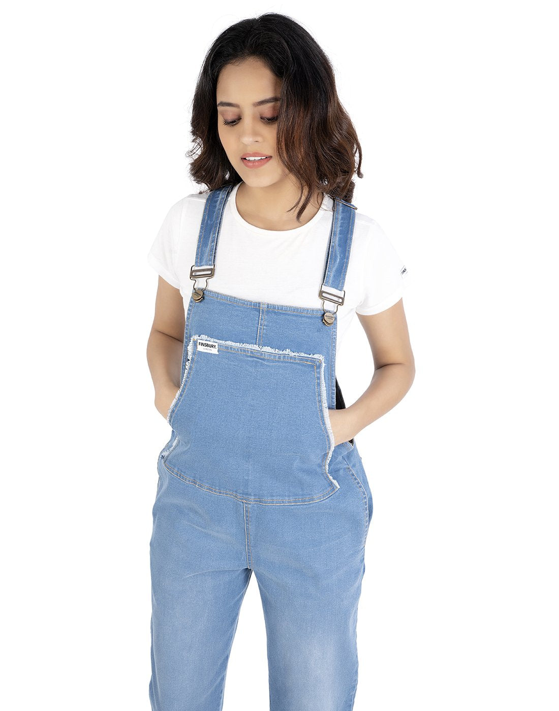 NaughtyDungaree® Loose Fitting Distressed Denim Dungaree with Raw Hem-Fold