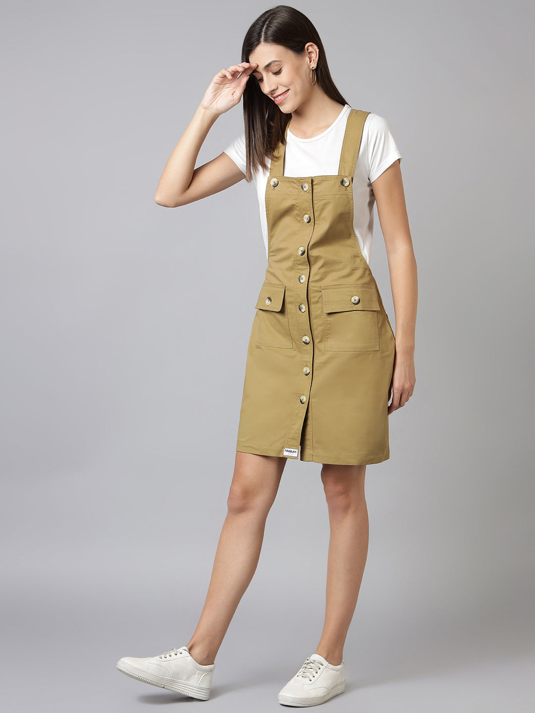 NaughtyDungaree® Cotton Twill Womenswear Dungaree Dress - Khaki