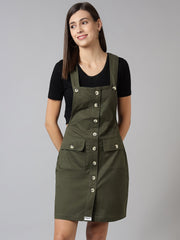 NaughtyDungaree® Cotton Twill Womenswear Dungaree Dress - Olive Green