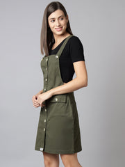 NaughtyDungaree® Cotton Twill Womenswear Dungaree Dress - Olive Green